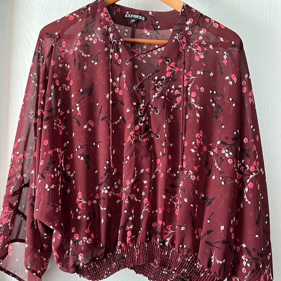 Express Sheer Flowing Dressy Blouse Floral Burgundy Shade - Picture 1 of 6